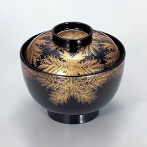 若泉漆器 3.8寸仙才椀　黒にシダS・H塗  W-2-22 1個（ご注文単位1個）【直送品】
