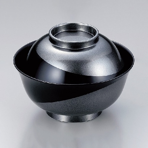 若泉漆器 4寸羽反吸椀　黒流線漆黒銀地塗本漆塗  W-9-46 1個（ご注文単位1個）【直送品】