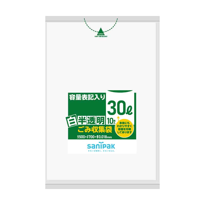 日本サニパック 容量表記入り ごみ収集袋 白半透明 30L 0.018mm 10枚入 HT31 1冊(ご注文単位60冊)【直送品】