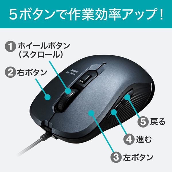 サンワサプライ 有線ブルーLEDマウス ガンメタ MA-BL114GM 1個（ご注文単位1個）【直送品】