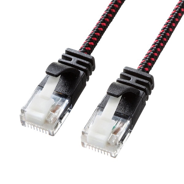 サンワサプライ 細径メッシュLANケーブル つめ折れ防止 カテゴリ6A ブラック&レッド 10m KB-T6AME-10BKR 1個（ご注文単位1個）【直送品】