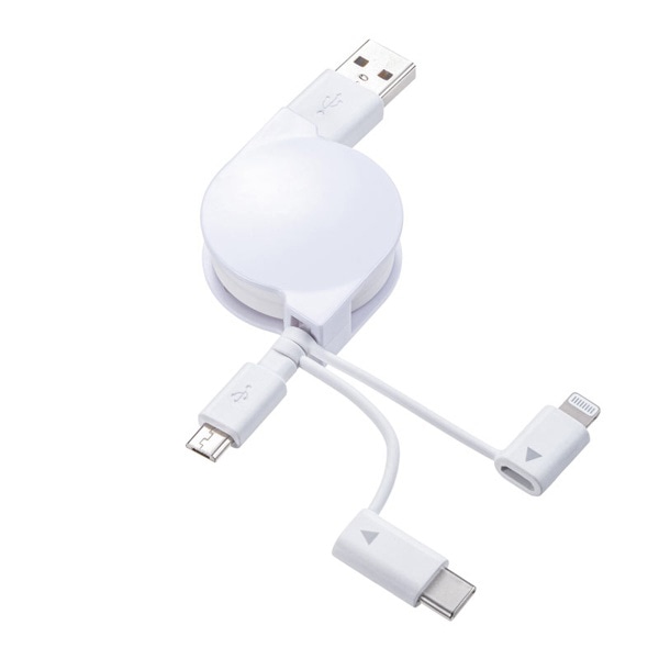 サンワサプライ ライトニング／Type-C／microUSB 3in1ケーブル 巻取りUSB 0.8m KB-IPLTM08KW 1個（ご注文単位1個）【直送品】