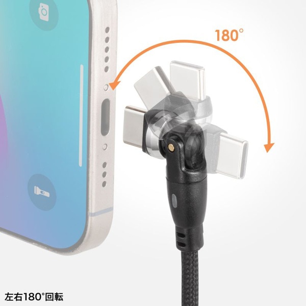 サンワサプライ USB2.0 TypeC-A 回転ケーブル 2m ブラック KU-CAKA20BK 1個（ご注文単位1個）【直送品】