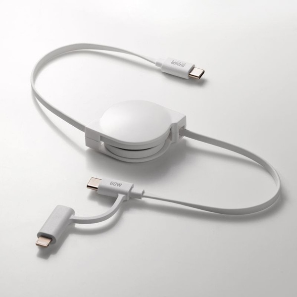 サンワサプライ USB2.0 Type-C 巻き取りケーブル ライトニング変換アダプタ付き ホワイト KB-IPLTCM08W 1個（ご注文単位1個）【直送品】
