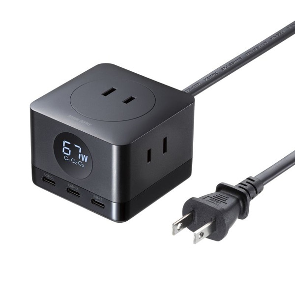 サンワサプライ 電源タップ ガリウムUSB充電機能付き 2P 3個口 2m ブラック TAP-B111C3BK 1個（ご注文単位1個）【直送品】