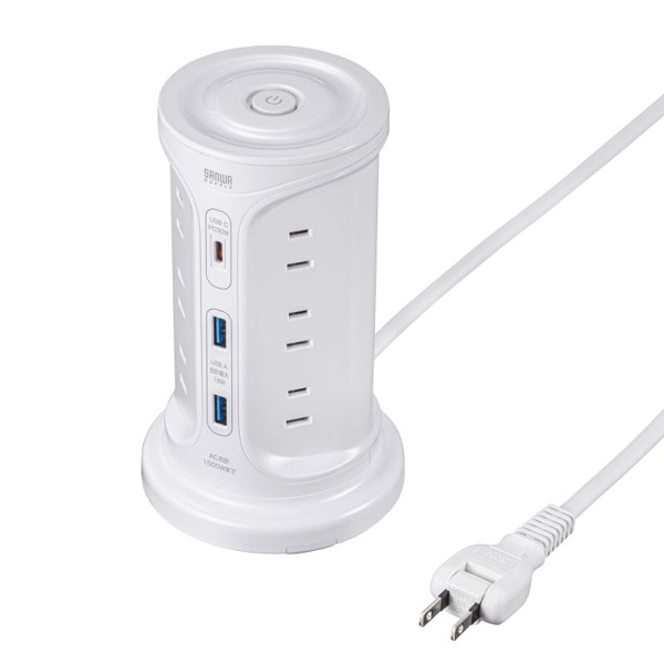 サンワサプライ タワー型電源タップ USB充電機能付き ホワイト TAP-B112C1A2W 1個（ご注文単位1個）【直送品】