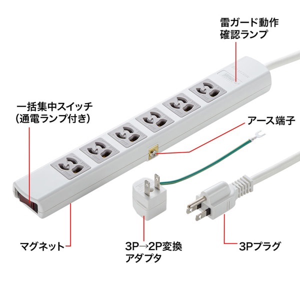 サンワサプライ 雷ガードタップ マグネット付き 3P・6個口・5m TAP-SP36MG-5 1個(ご注文単位1個)【直送品】