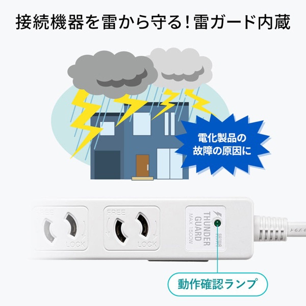 サンワサプライ 雷ガードタップ 抜け止めタイプ 3P・6個口・3m TAP-SPWMG36-3 1個(ご注文単位1個)【直送品】
