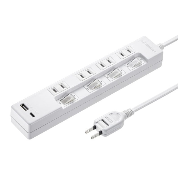 サンワサプライ USB充電機能付きタップ Type-C搭載 2P 4個口 2m TAP-B102UC-2W 1個(ご注文単位1個)【直送品】