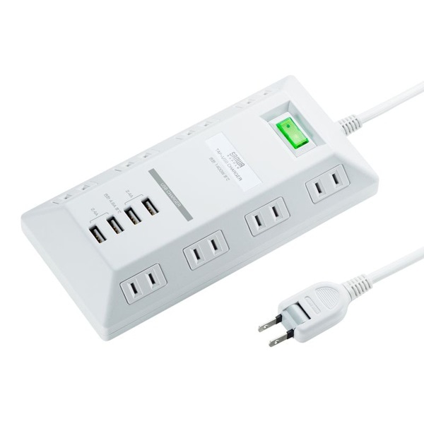 サンワサプライ 平型電源タップ USB充電機能付き 2P 8個口 3m ホワイト TAP-B109U-3WN 1個（ご注文単位1個）【直送品】