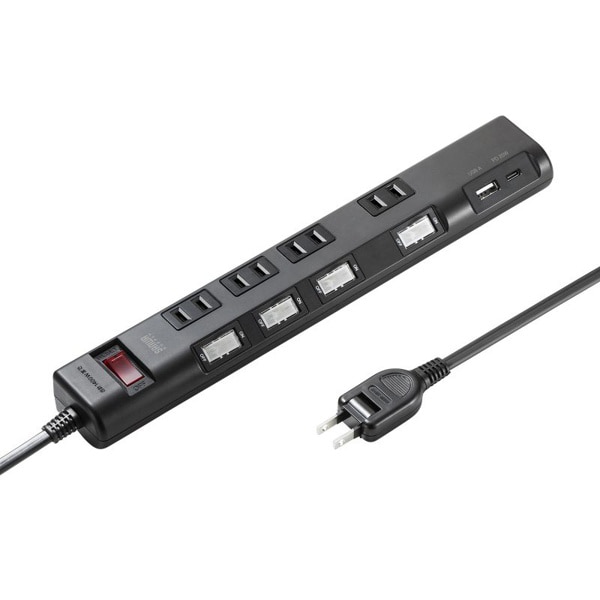 サンワサプライ 節電タップ 2P 4個口 1m ブラック TAP-B107UC-1BK 1個(ご注文単位1個)【直送品】