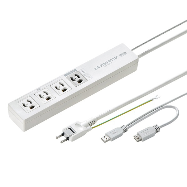 サンワサプライ パソコン連動タップ USB感知式 3P・4個口・5m TAP-RE34U-5 1個（ご注文単位1個）【直送品】