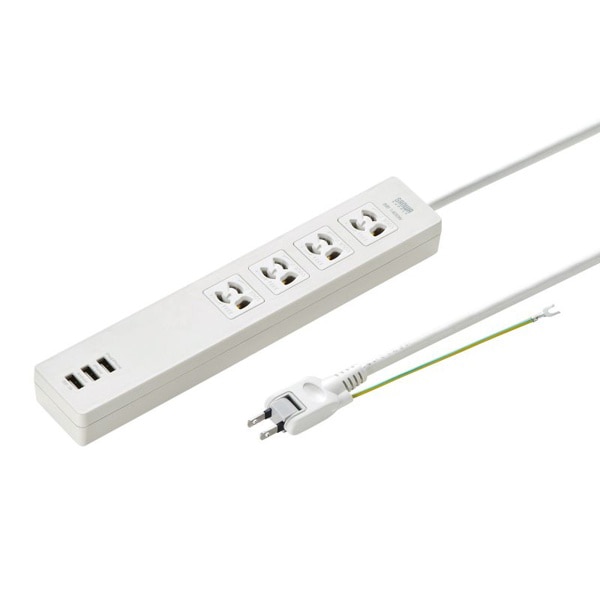 サンワサプライ USB充電機能付きタップ ACアダプタ対応 3P 4個口 2m ホワイト TAP-F37U-2 1個（ご注文単位1個）【直送品】