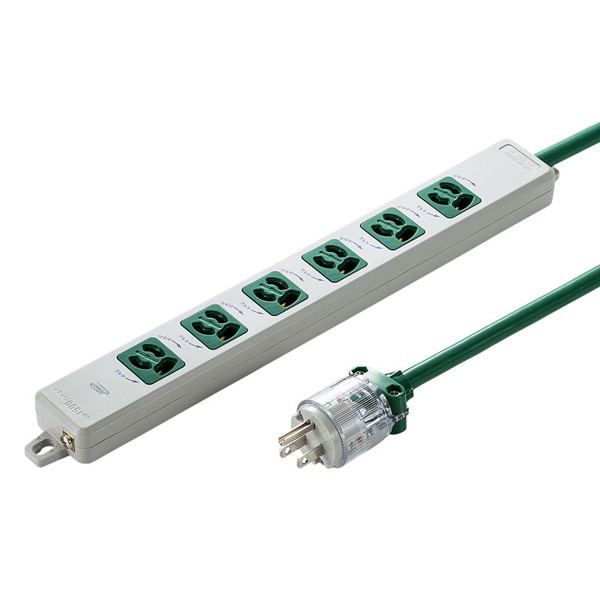 サンワサプライ 医用接地プラグ付き電源タップ 3P 6個口 3m グリーン TAP-HPM6-3G 1個（ご注文単位1個）【直送品】