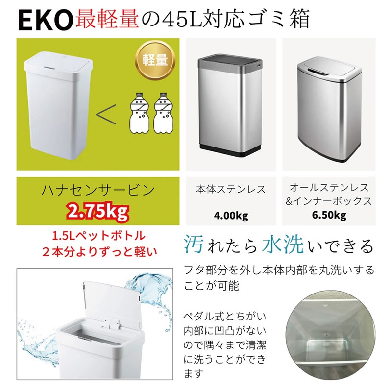 EKO JAPAN 自動開閉ゴミ箱 ハナ センサービン 50L ホワイト EK6226P-50L-WH 1台（ご注文単位1台）【直送品】